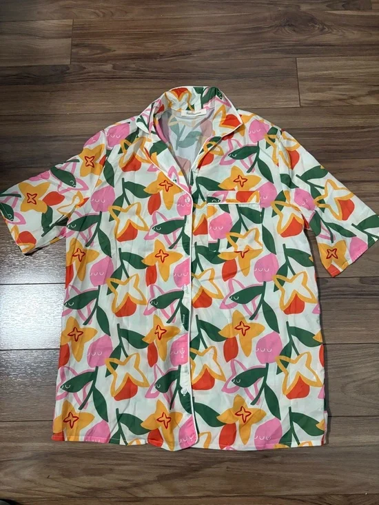 Floral Print Short Sleeve Shirt and Shorts Set - Pink/Yellow/Green - Picture 2 of 2